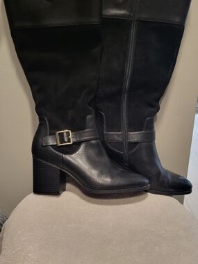 Gianni Bini Black Mid-Heel Knee Boots with Gold Buckle